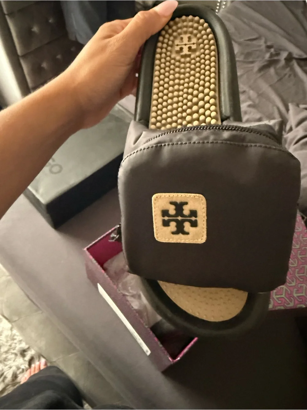 Tory Burch Black Nylon Slide Sandals with Gold Logo Patch
